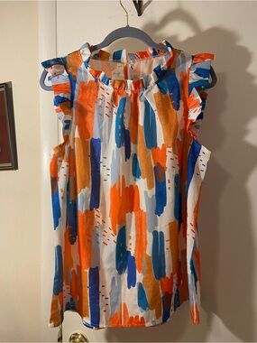 Bright Abstract Brushstroke Ruffle Sleeve Top - Orange & Blue